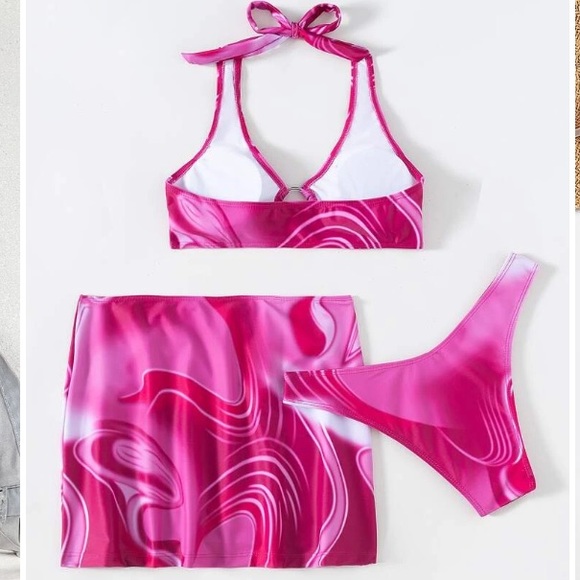 3 piece hot pink tie dye swirl bikini swimsuit & beach skirt size small - Picture 3 of 7